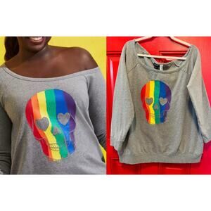 Torrid 2 (2X 18/20) Celebrate Love Rainbow Pride Skull Off Shoulder Sweatshirt‎